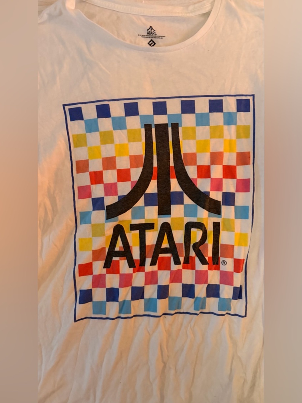 Atari White Short Sleeve Graphic Tee - Retro Checkerboard Logo vintage